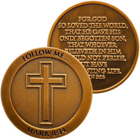 front and back of Follow Me Antique Gold Plated Christian Challenge Coin