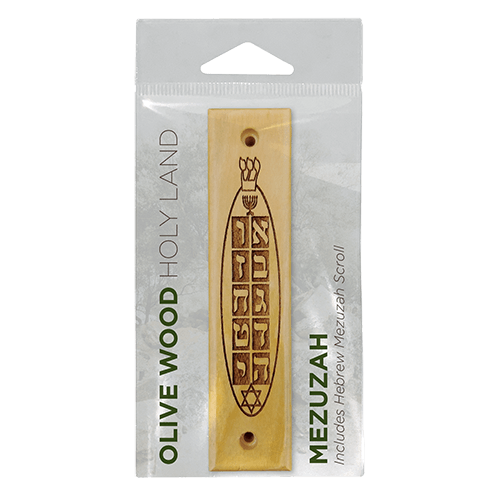 Ten Commandments, Menorah and Star of David Olive Wood Mezuzah