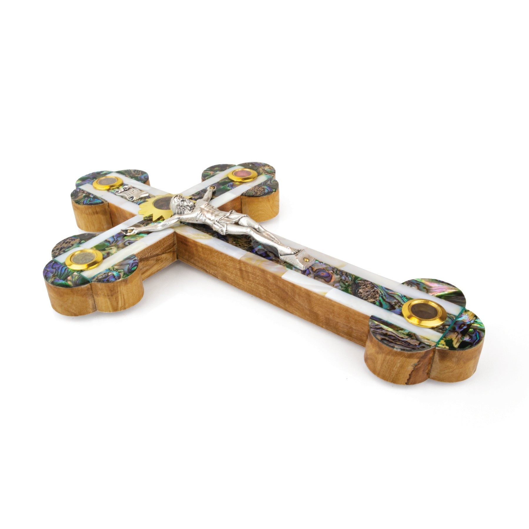 11" Mother of Pearl & Olive Wood Crucifix Wall Cross with Holy Land Elements