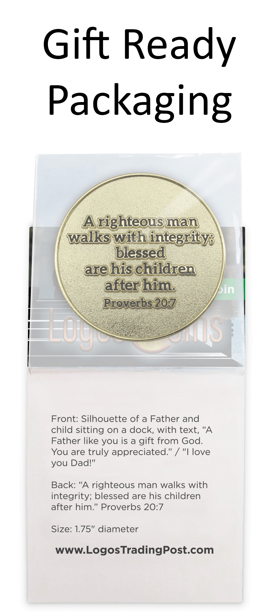 back of Father's Appreciation Gold Plated Challenge Coin in packaging