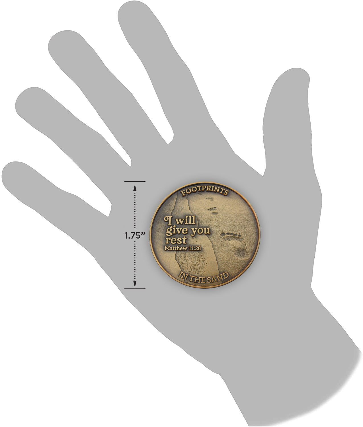 Footprints in the Sand Antique Gold Plated Challenge Coin in hand for size comparison