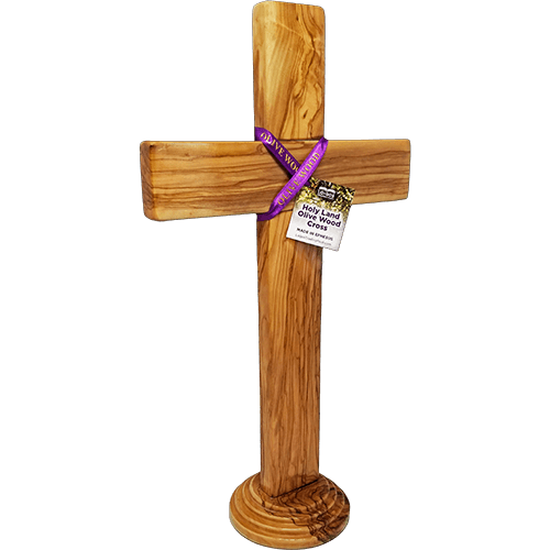 Holy Land 15" Genuine Olive Wood Standing Cross with purple ribbon pivoted right