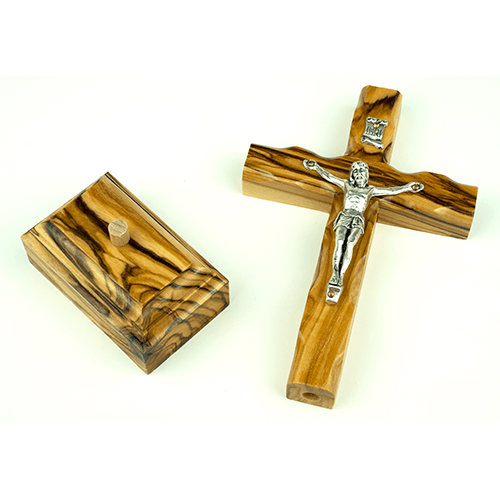 catholic olive wood crucifix cross laid flat with detached stand