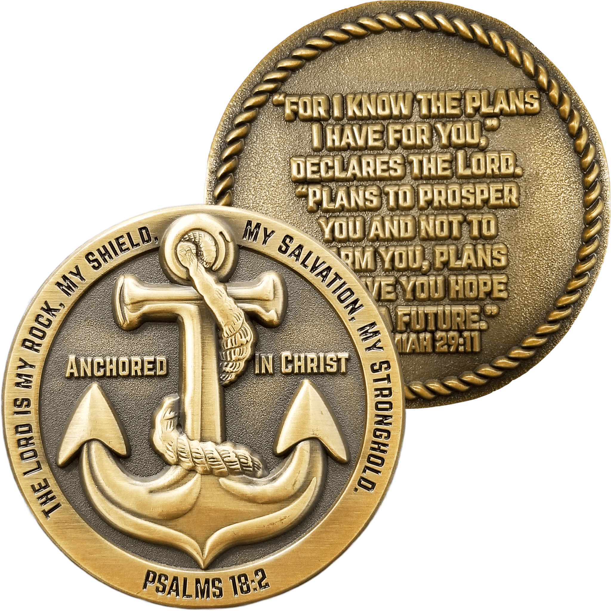 Front and back of Anchored in Christ Antique Gold Plated Christian Challenge Coin