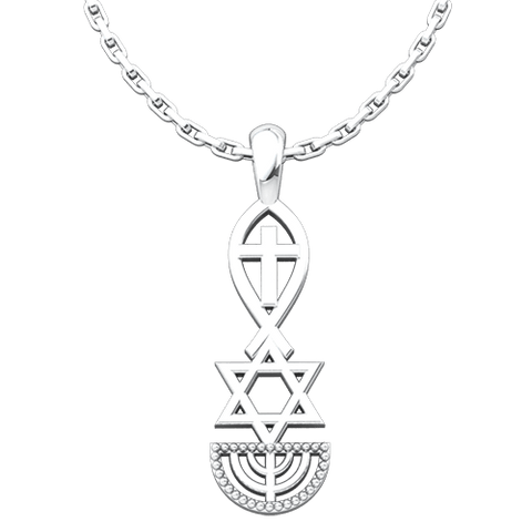 Messianic, Jesus Fish, Star of David, & Menorah, Sterling Silver Pendant Necklace for Men and Women