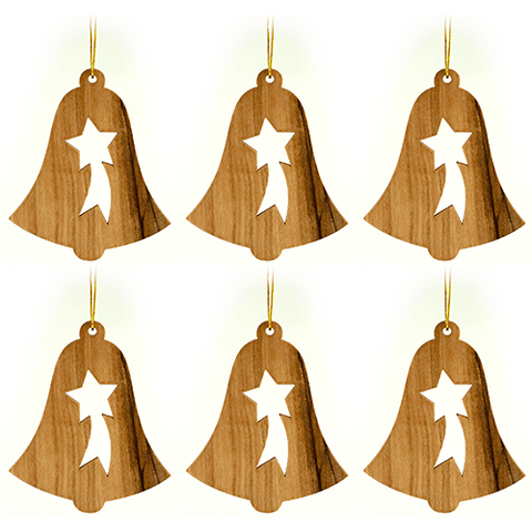 all 6 hanging wooden ornaments - Christmas bell and shooting star