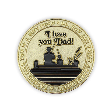 Front: Silhouette of a Father and child sitting on a dock, with text, "A father like you is a gift from God. You are truly appreciated." / "I love you, dad!"