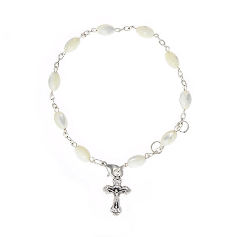 Mother of Pearl One Decade Catholic Rosary Charm Bracelet with Crucifix Cross Pendant Charm
