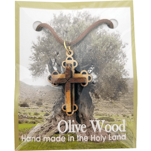 Olive Wood Raised Filigree Bottony Cross Necklace