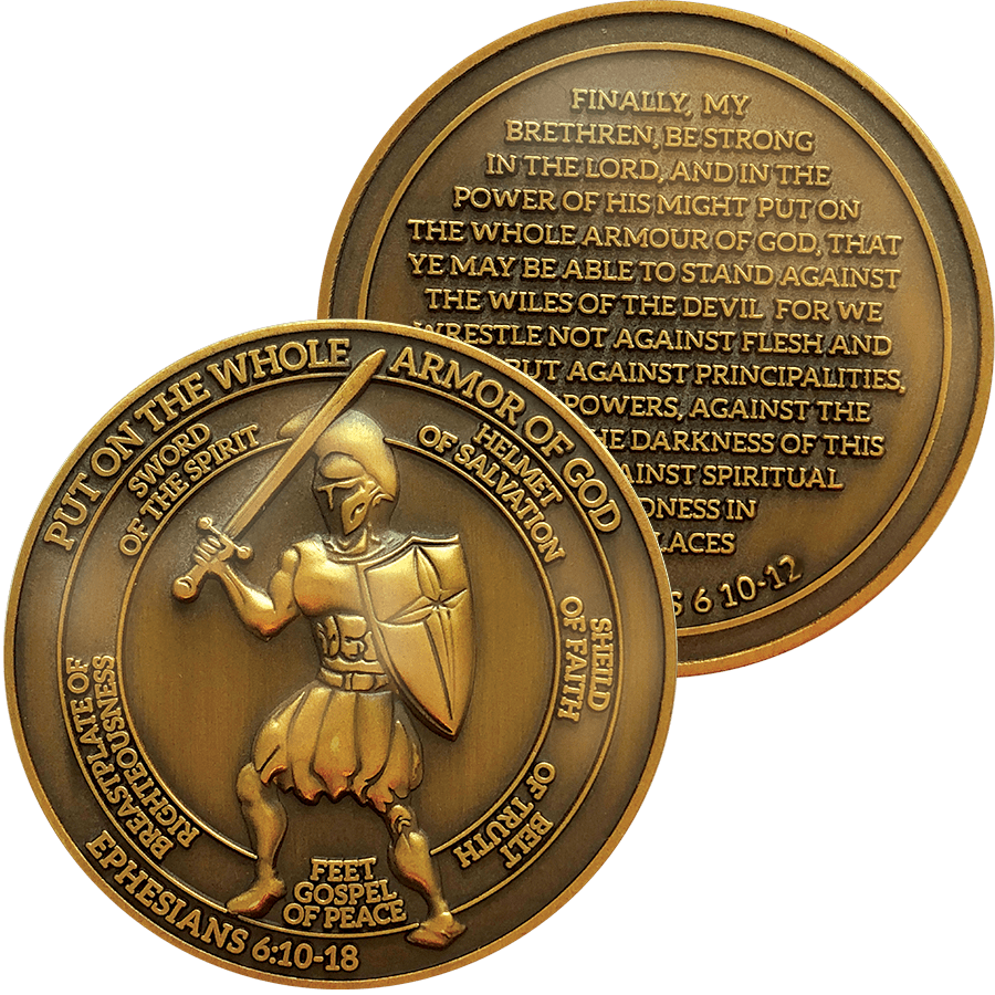 Front and back of Armor of God Antique Gold Plated Christian Challenge Coin