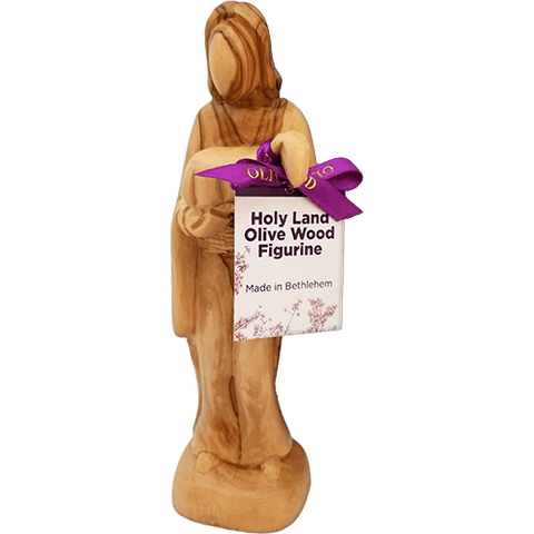 Holy Land Olive Wood Statue - Jesus the Good Shepherd, 10" with purple ribbon