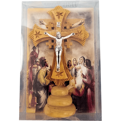Olive Wood Jerusalem Cross Crucifix on Stand - Large