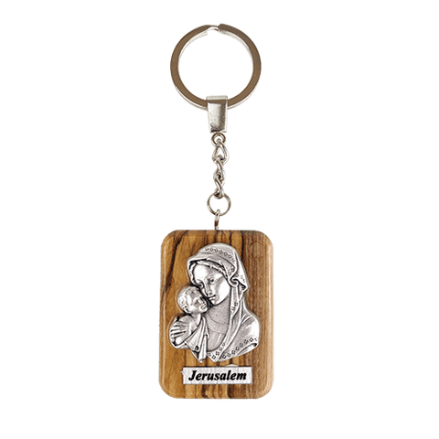 Virgin Mary & Child Olive Wood Keychain, Catholic & Christian Religious Gift for Men & Women