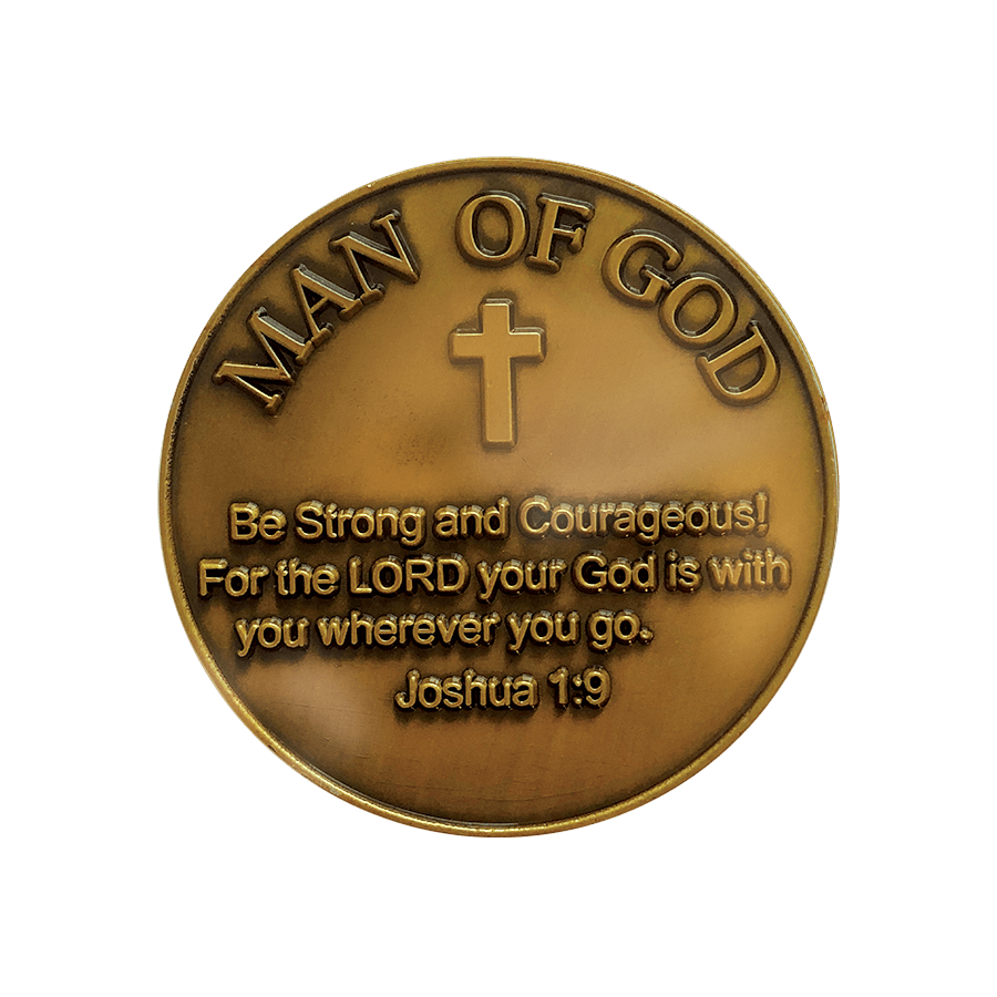 Antique Gold Plated Christian Challenge Coin, Lion of Judah Man of God, "Be Strong and Courageous" - Joshua 1:9 - Logos Trading Post, Christian Gift