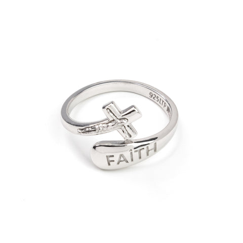 Sterling Silver Wrap Ring - Faith and Crucifix, One Size Fits Most