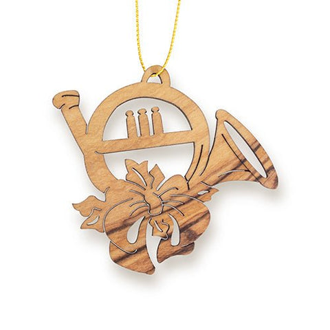 French Horn Christmas Ornament, Holy Land Olive Wood