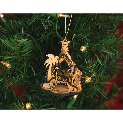 Manger Nativity Scene, Open Grotto 3D Olive Wood Christmas Ornament from Israel, Wooden Hanging Seasonal Décor, Religious Holiday Christmas Tree Decorations, Made in the Holy Land of Bethlehem