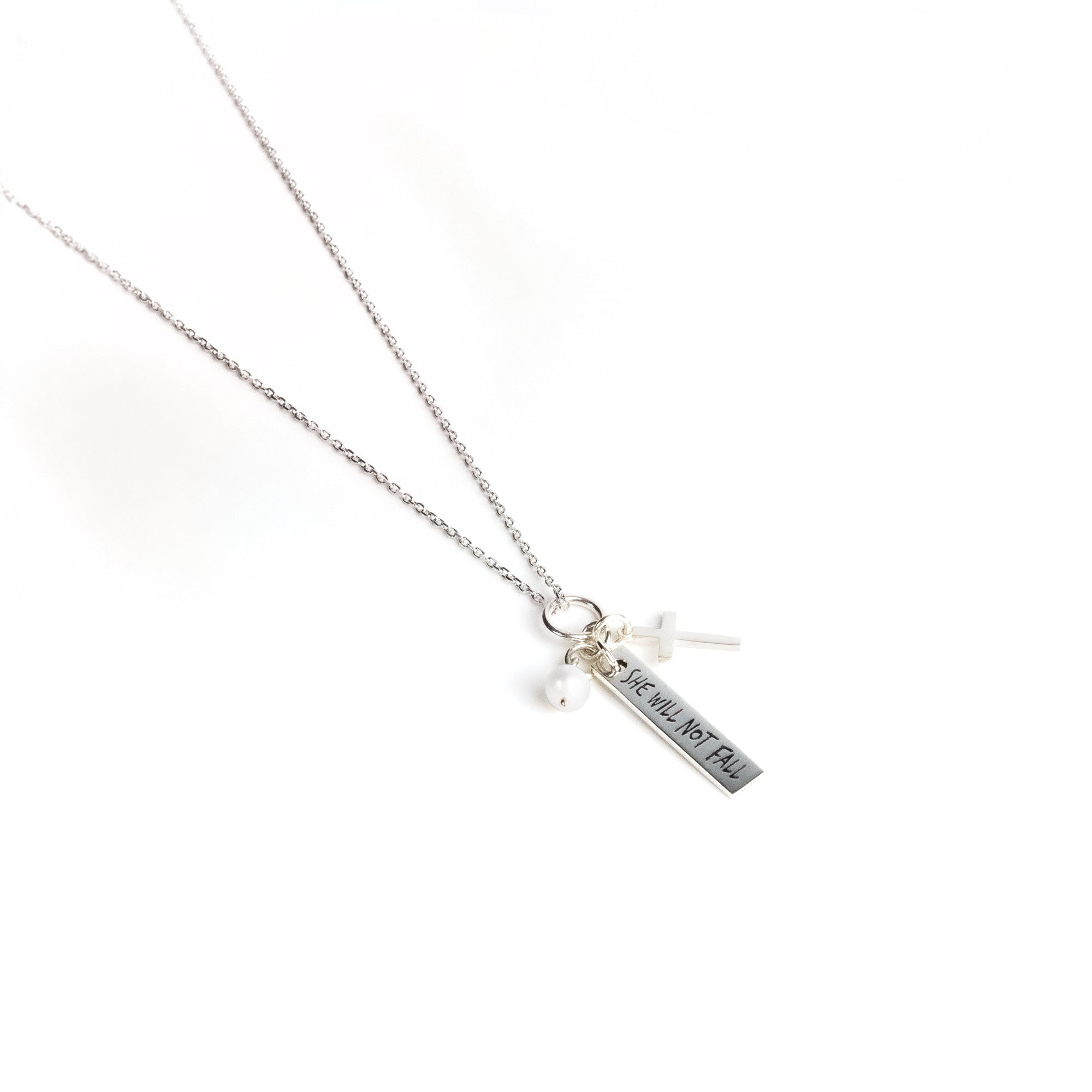 She Will Not Fall, Sterling Silver Scripture Cross Necklace