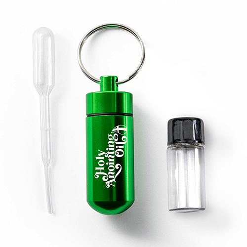 Oil Vial Keyring showing keyring vial holder, vial and eyedropper
