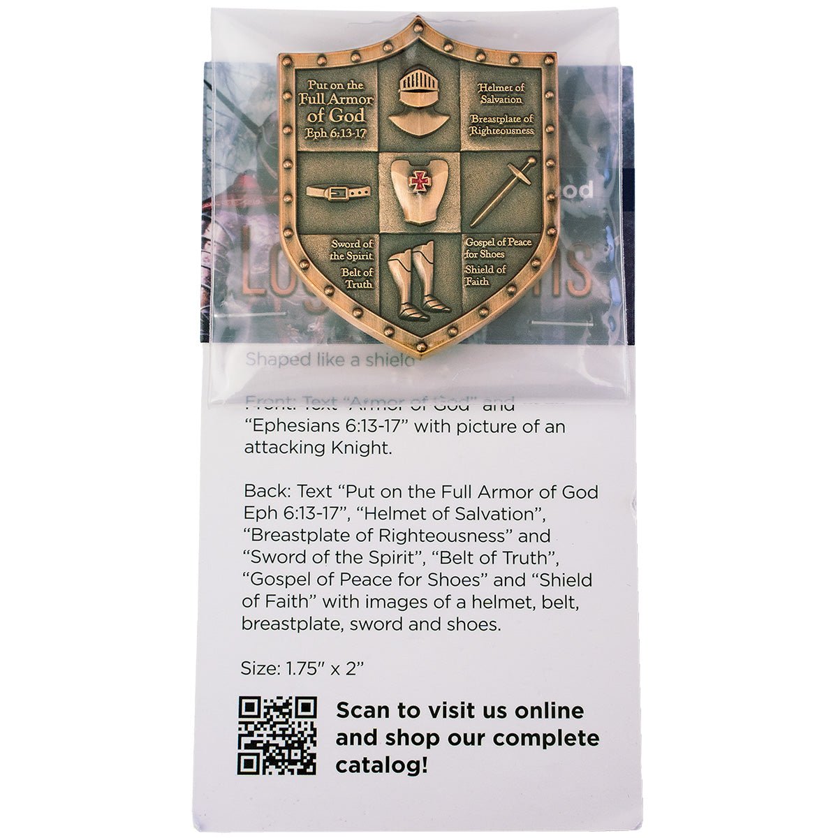 Flipped up coin showing package of Armor of God Shield Challenge Coin