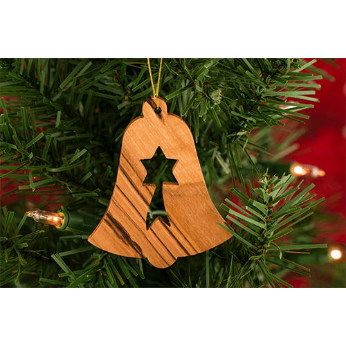 Bell with Star - 2D- Holy Land Olive Wood Ornament on a Christmas Tree Branch