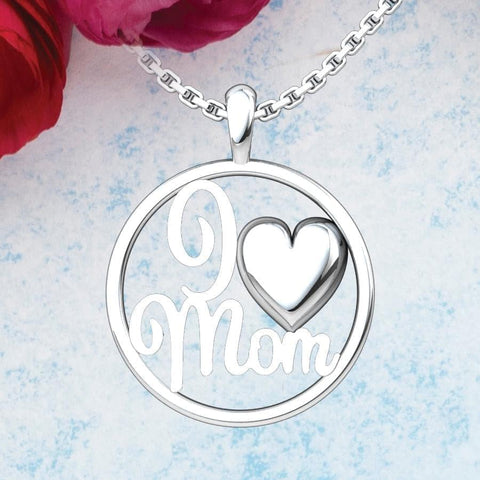 I Heart Mom Sterling Silver Pendant on a blue background with roses