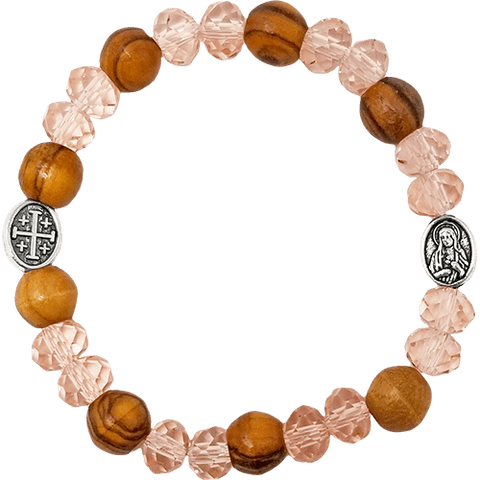 Olive Wood Stretch Bracelet, Pink Beads and Jerusalem Cross, Virgin Mary