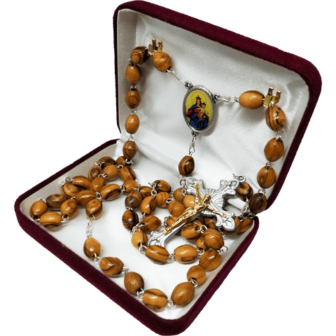 Olive Wood Rosary with Virgin Mary and Jesus Oval Medal