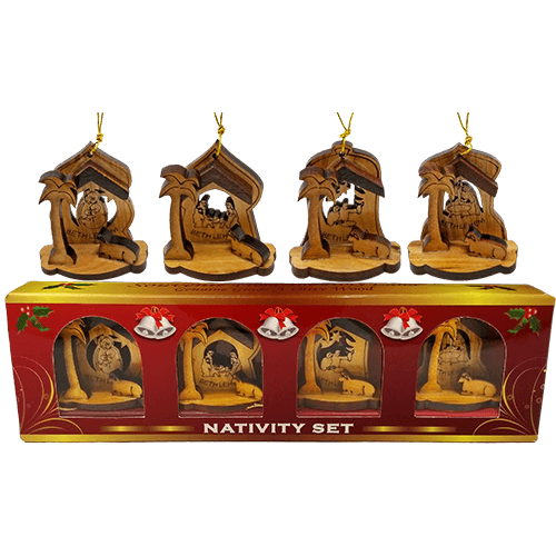 Holy Land 4 Ornament Olive Wood Nativity Set in Box in and out of box