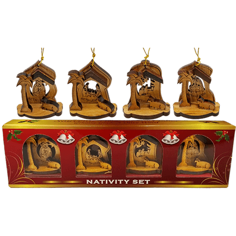 Holy Land 4 Ornament Olive Wood Nativity Set in Box in and out of box