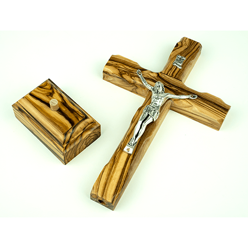 catholic olive wood crucifix cross laid flat with detached stand
