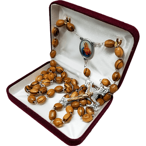 Olive Wood Rosary with Immaculate Heart of the Virgin Mary Oval Medal