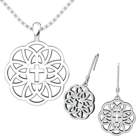 Flourish Cross Set: Sterling Silver Pendant and Earrings - Logos Trading Post, Christian Gift