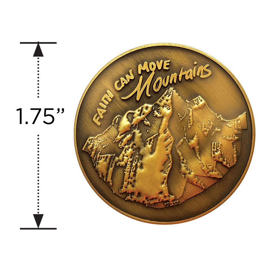 Faith Can Move Mountains Antique Gold Plated Christian Challenge Coin measure to show size diameter 