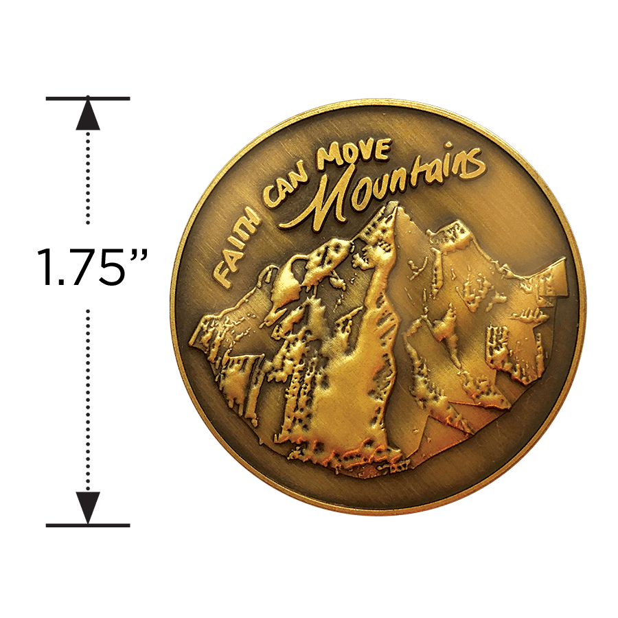 Faith Can Move Mountains Antique Gold Plated Christian Challenge Coin measure to show size diameter
