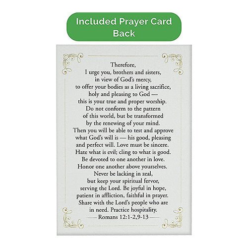 Back view of the included prayer card with excerpts from Romans 12