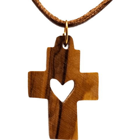 Olive Wood Cross Necklace with Heart Cutout