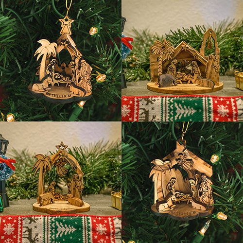 collage of each individual wooden ornament amid contextual seasonal decor