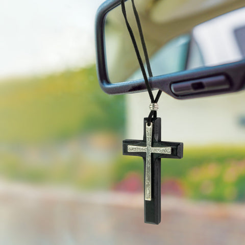 Wood and Metal Cross Car Charm - Black and Silver