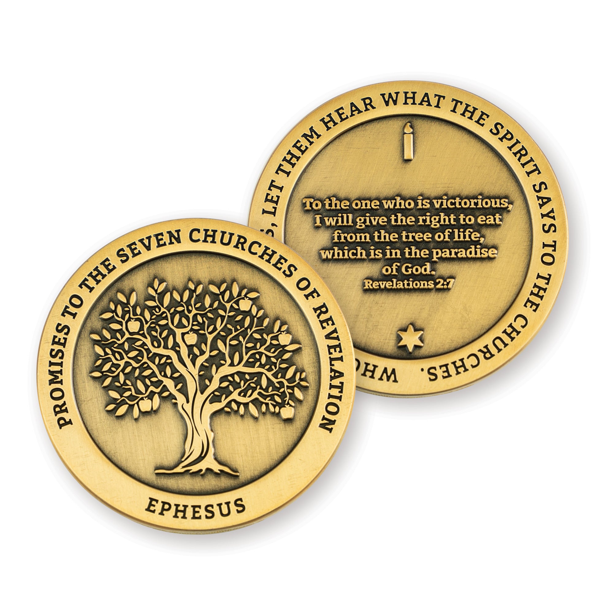 front and back of Ephesus, Seven Churches of Revelation Antique Gold Plated Challenge Coin