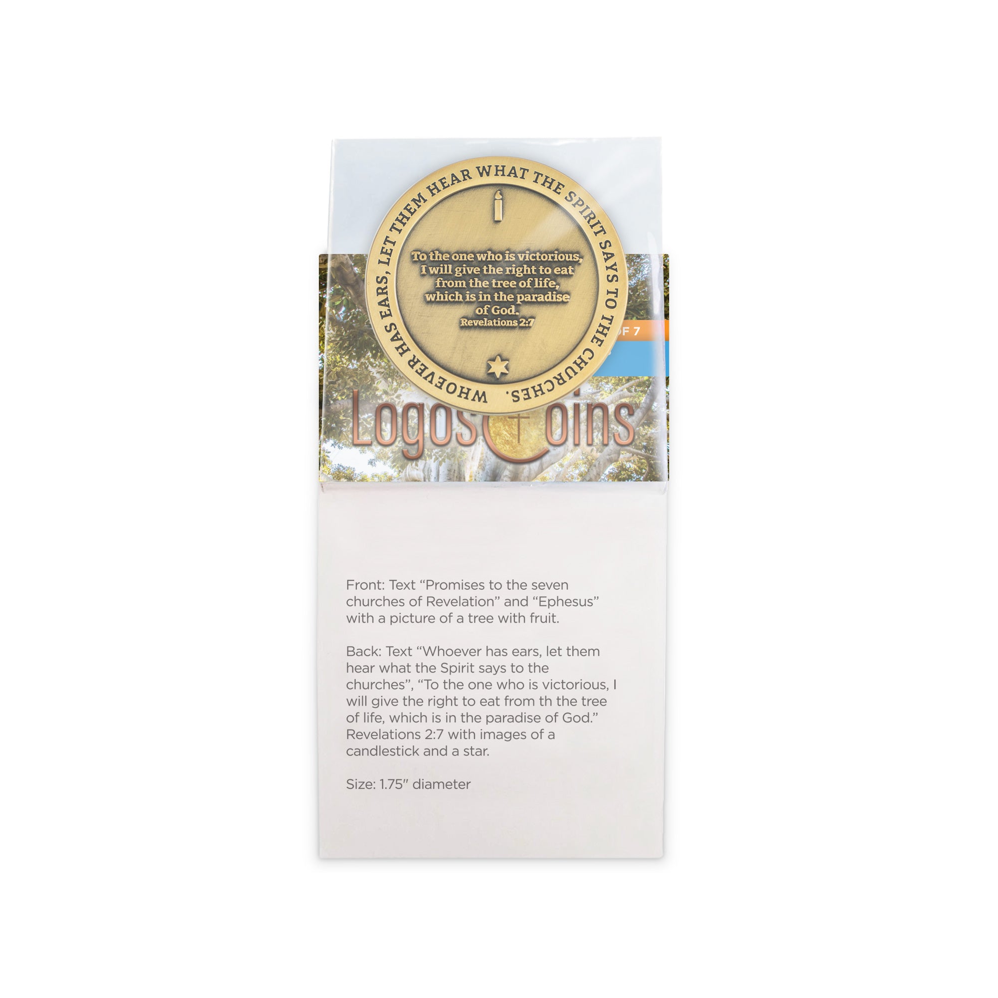 back of Ephesus, Seven Churches of Revelation Antique Gold Plated Challenge Coin in packaging