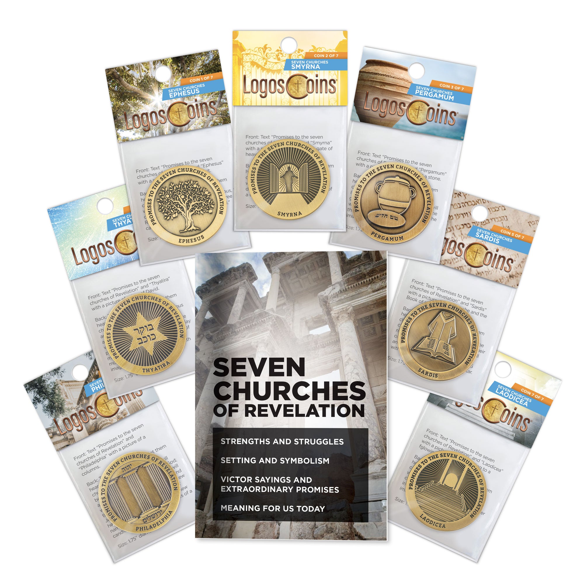 Bible Study Set, The Seven Churches of Revelation, 7 Study Booklets & 7 Challenge Coins, Bulk Bible Study Supplies for Men & Women, Christian Group Devotional Gift Set, Early Church Life Applications
