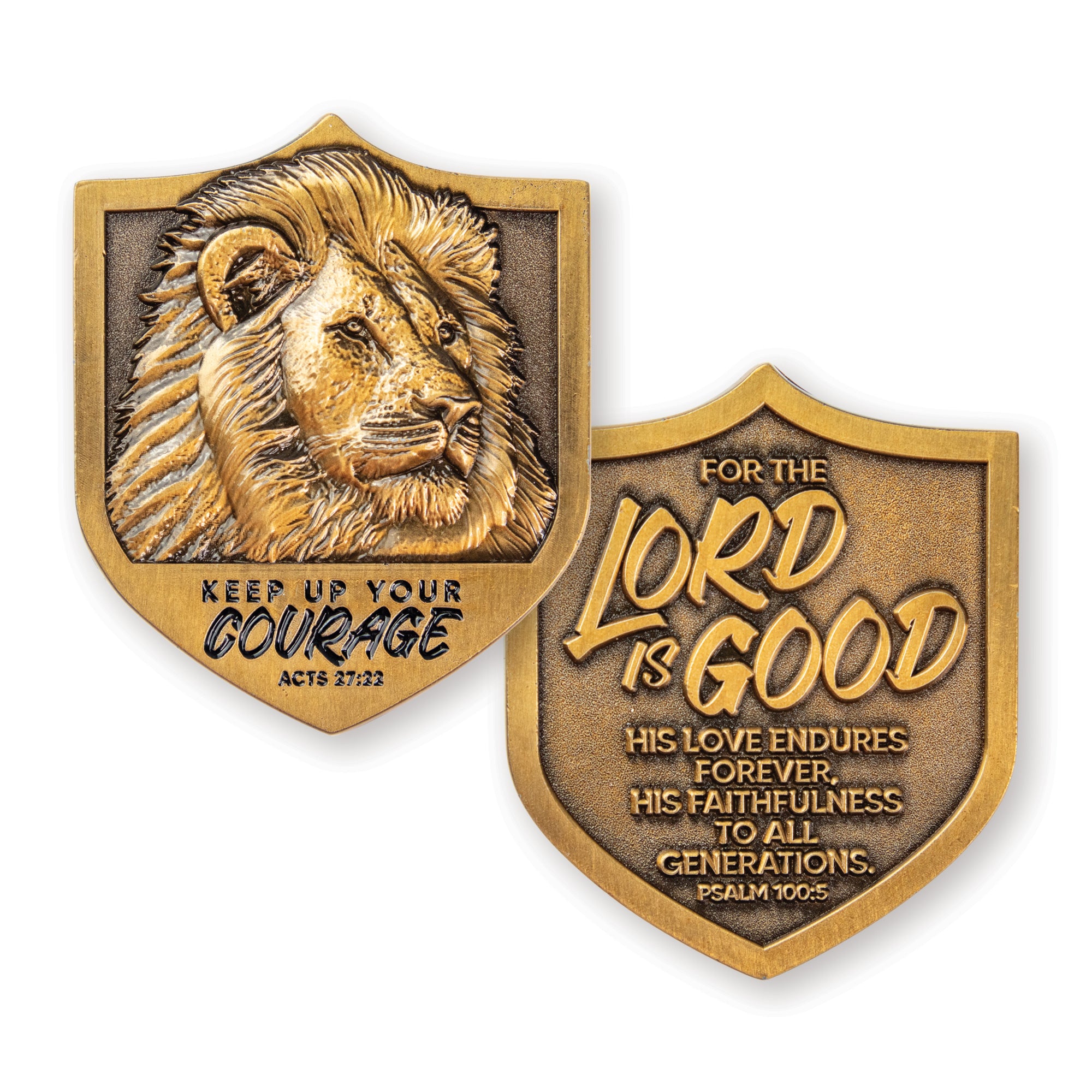 Keep Up Your Courage – Lion Head Coin - Acts 27:22 – Psalm 100:5 Challenge Coin