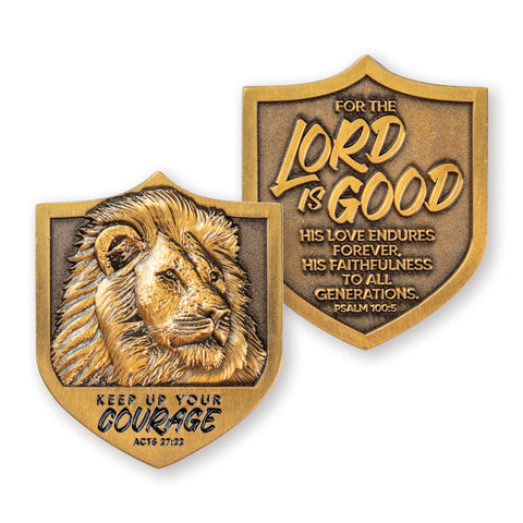 Keep Up Your Courage – Lion Head Coin - Acts 27:22 – Psalm 100:5 Challenge Coin