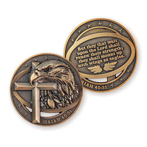 Montez avec des ailes comme des aigles, jeton chrétien, pièce de défi militaire américaine religieuse de collection avec drapeau américain, cadeau d'aigle chauve plaqué or antique, Ésaïe 40:31 Montez avec des ailes comme des aigles, jeton chrétien, pièce de défi militaire américaine religieuse de collection avec drapeau américain, cadeau d'aigle chauve plaqué or antique, Ésaïe 40:31
