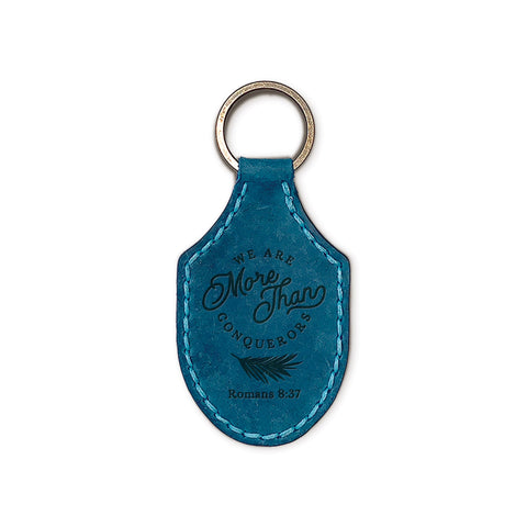 Debossed Leather Keychains – More Than Conquerors – Blue