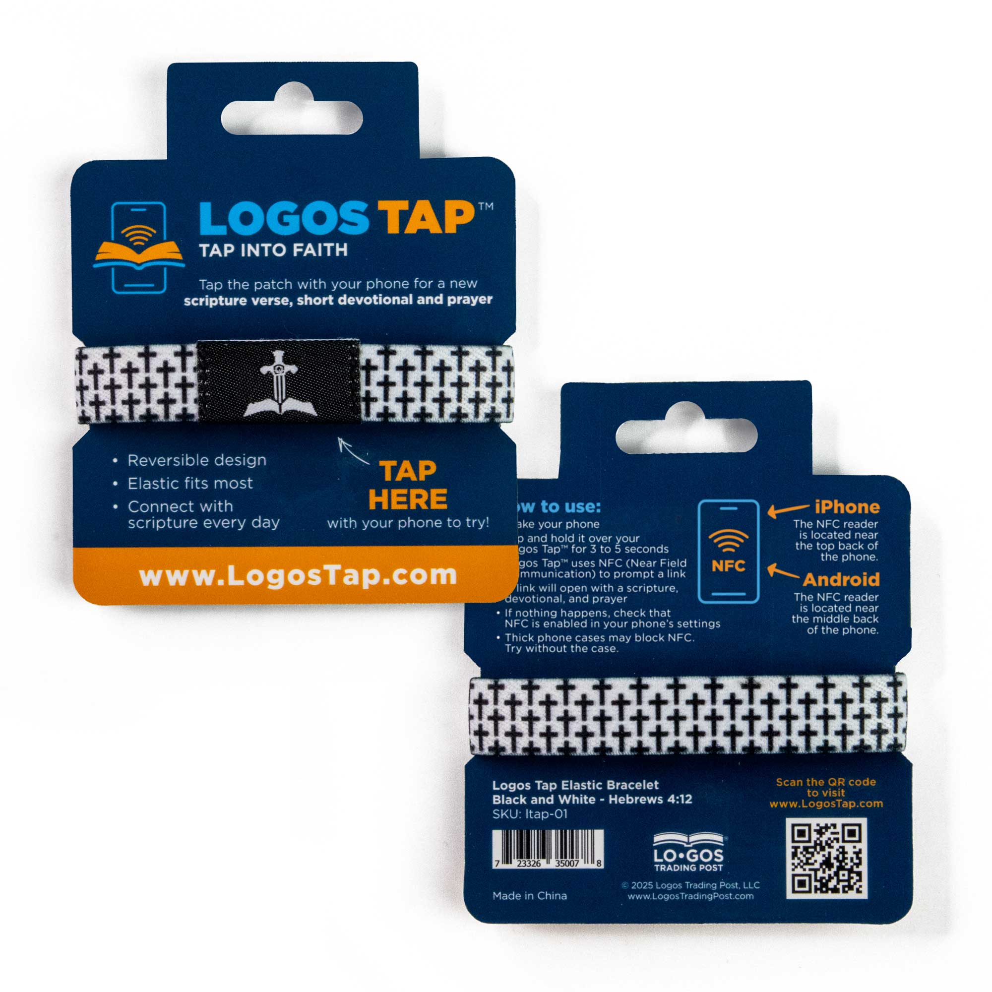 Logos Tap Stretch Bracelet - Black and White Crosses, Hebrews 4:12