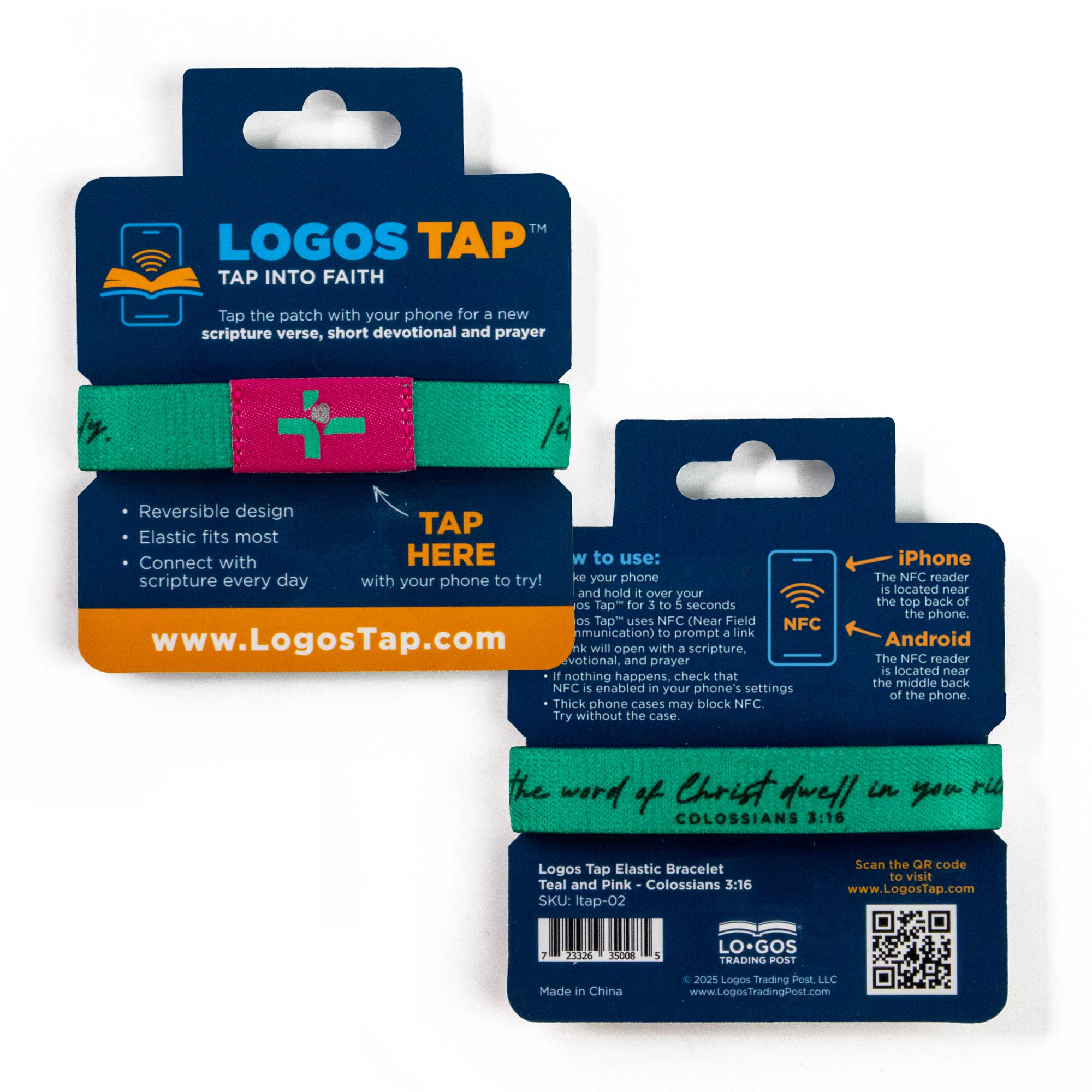 Logos Tap Stretch Bracelet - Teal and Pink - Verse, Colossians 3:16