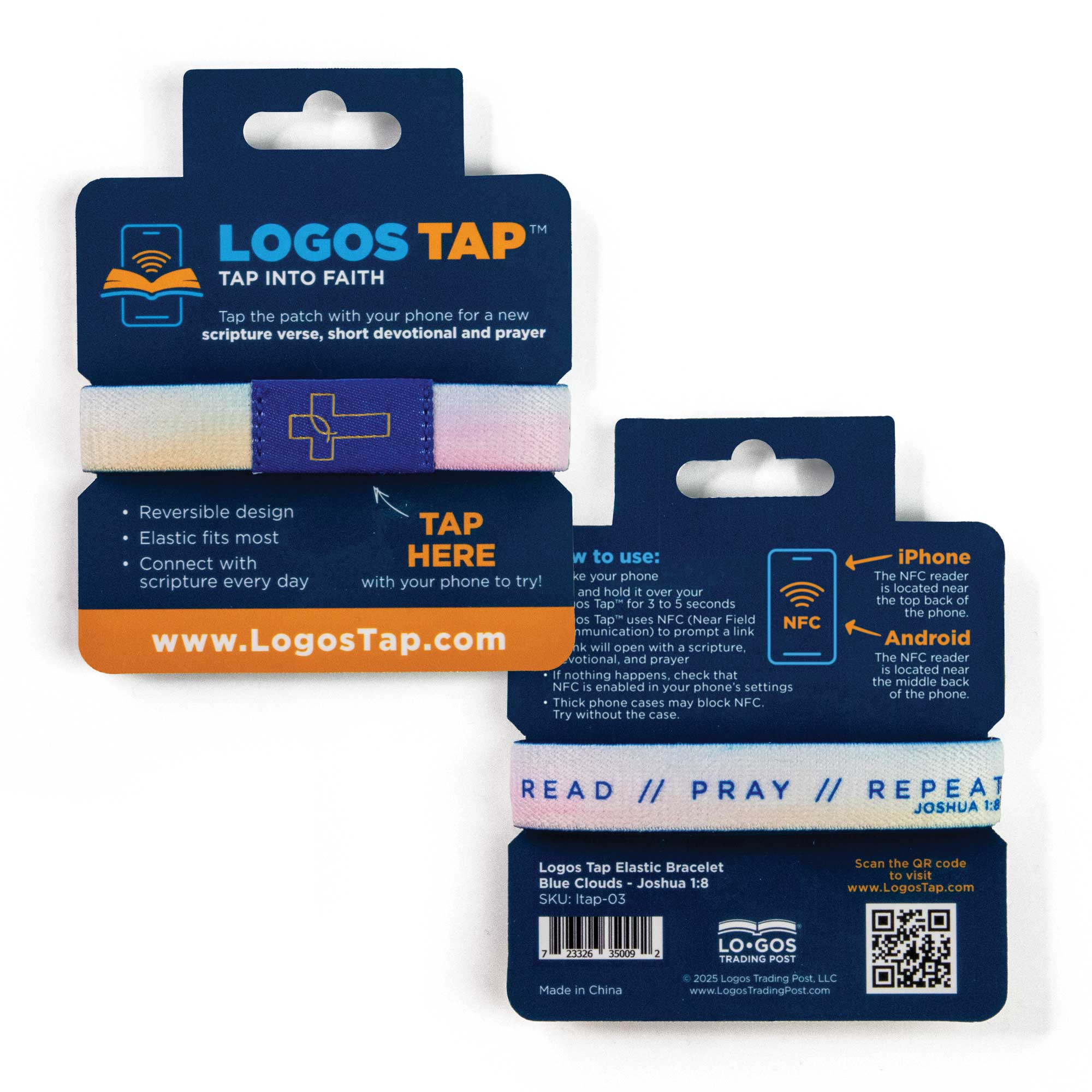 Logos Tap Stretch Bracelet - Blue - Clouds, Joshua 1:8
