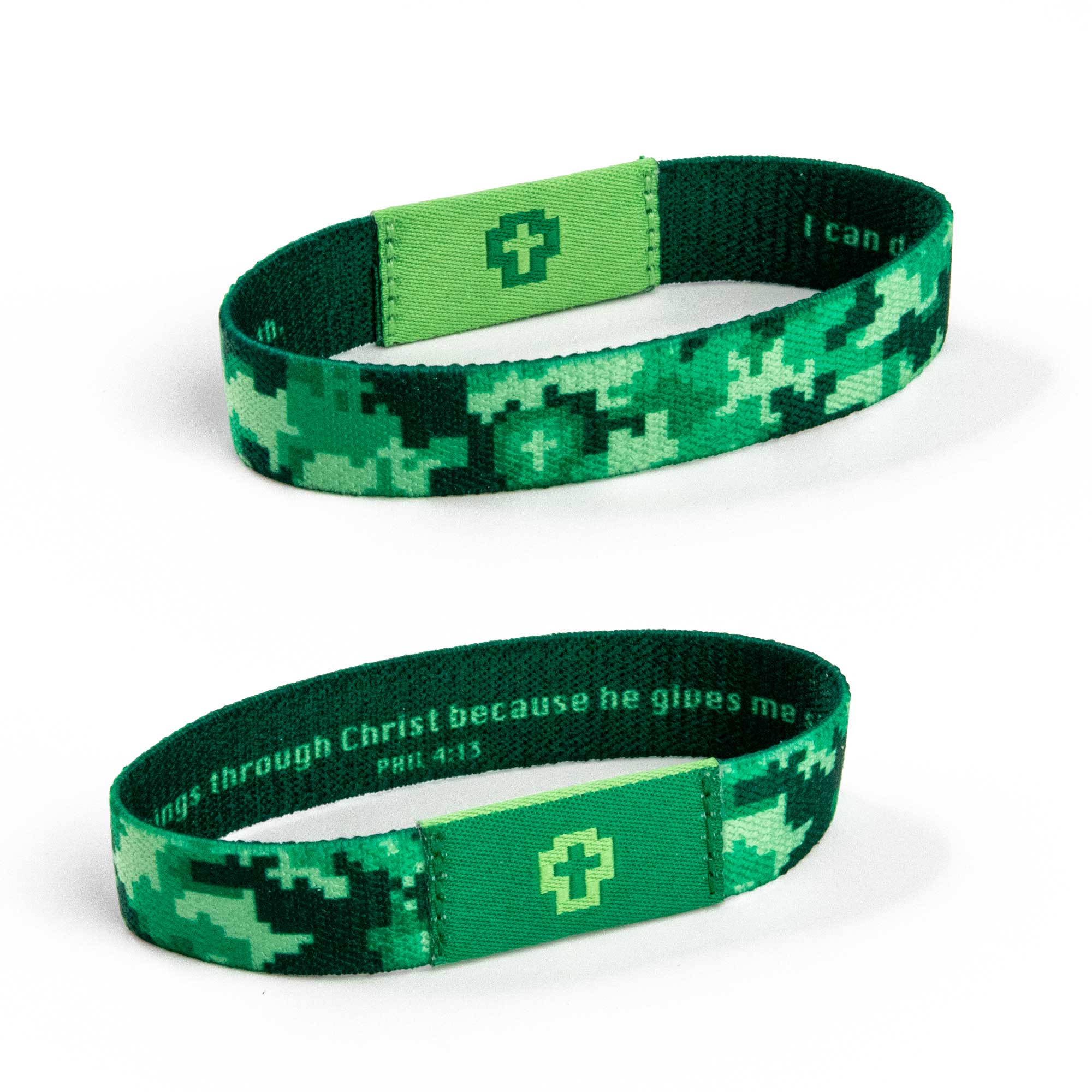 Logos Tap Stretch Bracelet - Lt Green and Dk Green - Crosses, Phil 4:13